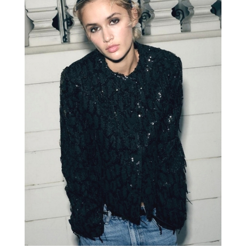 Zara fringe sequin blazer jacket Black Size XS
